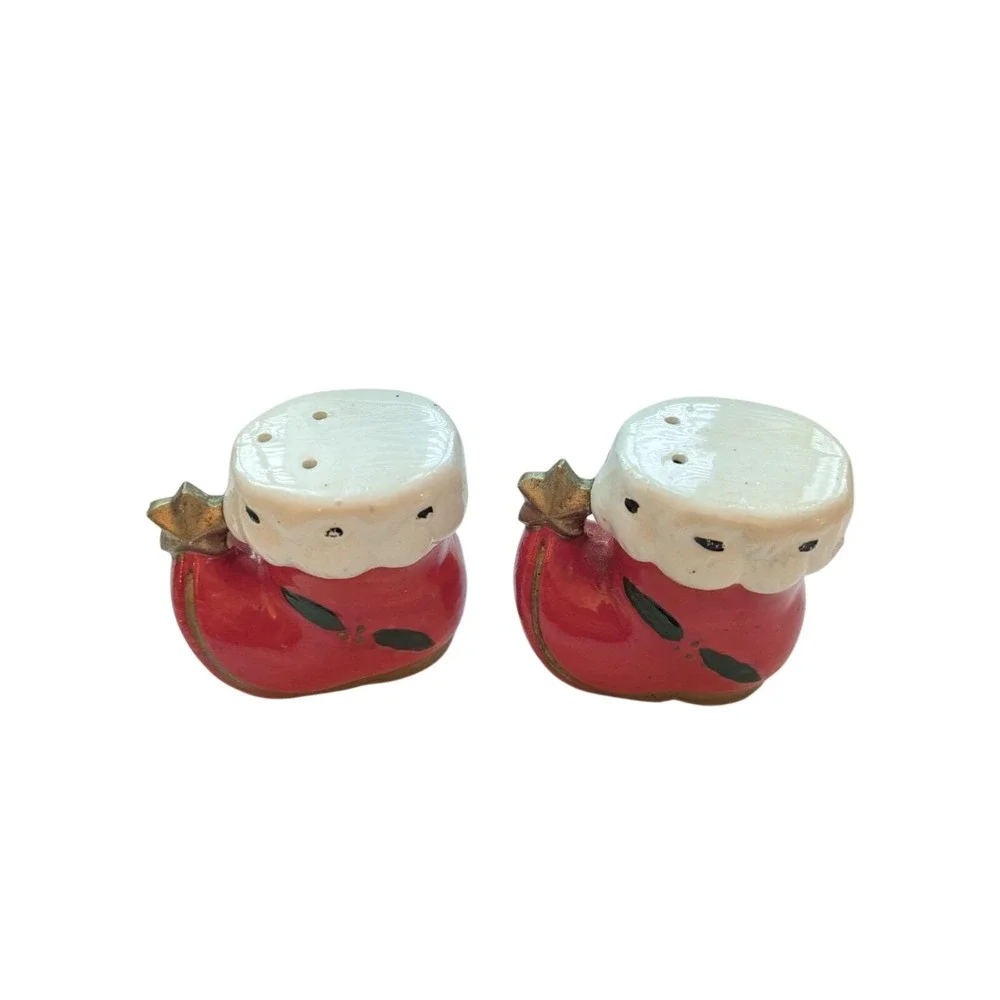 Vtg Santa Elf Shoes Salt & Pepper Shakers Stars/Holly‎ 2.25